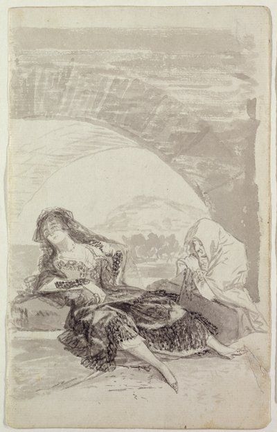 Maja und Celestina unter einem Bogen von Francisco de Goya